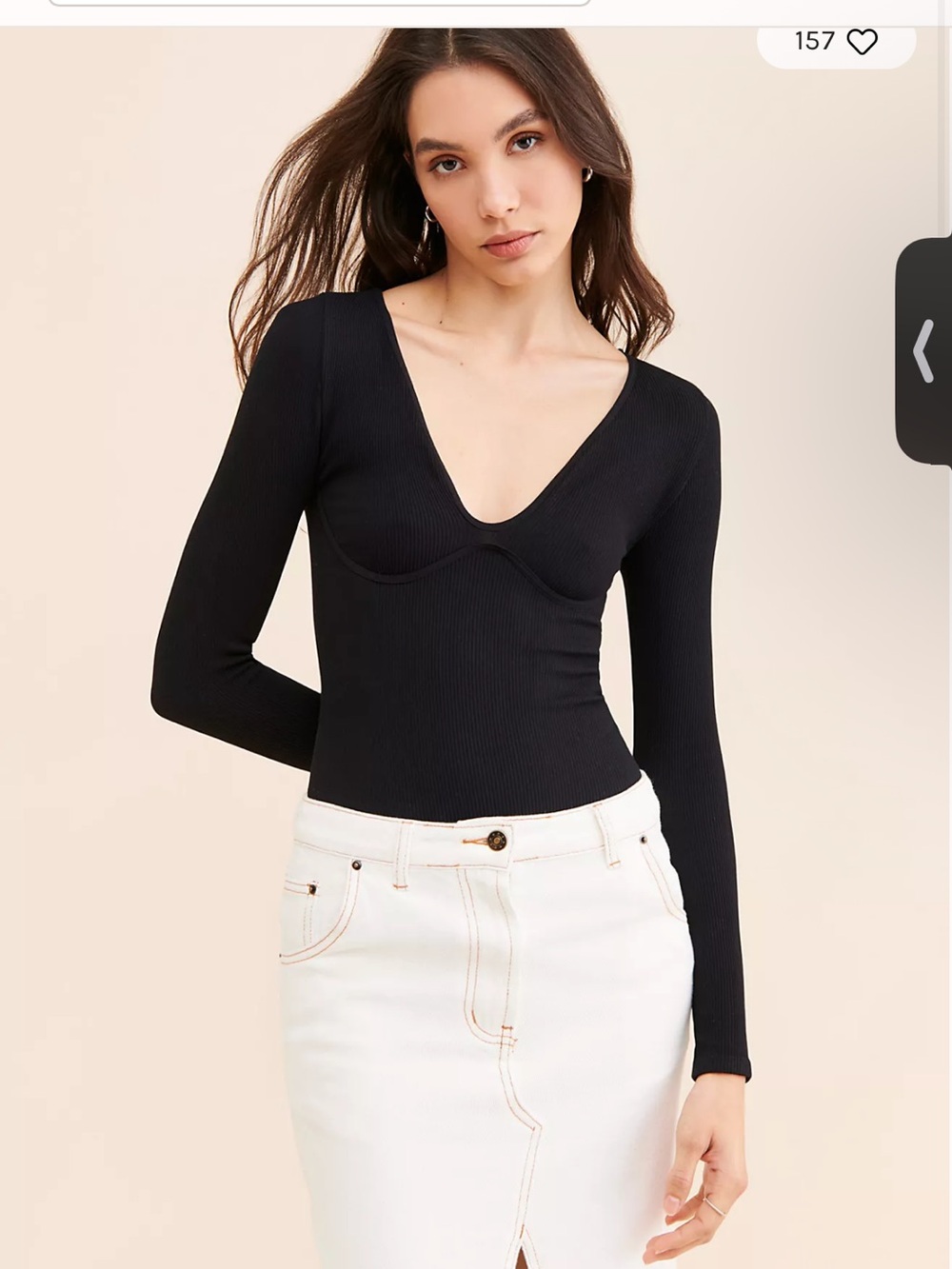 Free People Black Long Sleeve V-Neck Ribbed Bodysuit